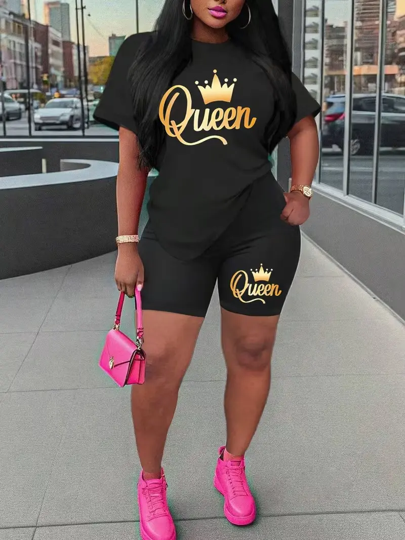 Lady's Chic Elegant 2-Piece Casual Crown & Queen Print Polyester Outfits - Shortsleeve Crew Neck T-shirt, Pocket Biker Shorts, Womenswear Clothing Set, 2 Piece Sets, Women's 2 Piece Set