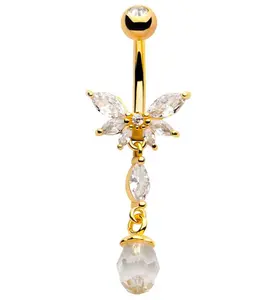 Gold PVD Half Flower Clear CZ Dangle Faceted Charm Stainless Steel Belly Button Ring