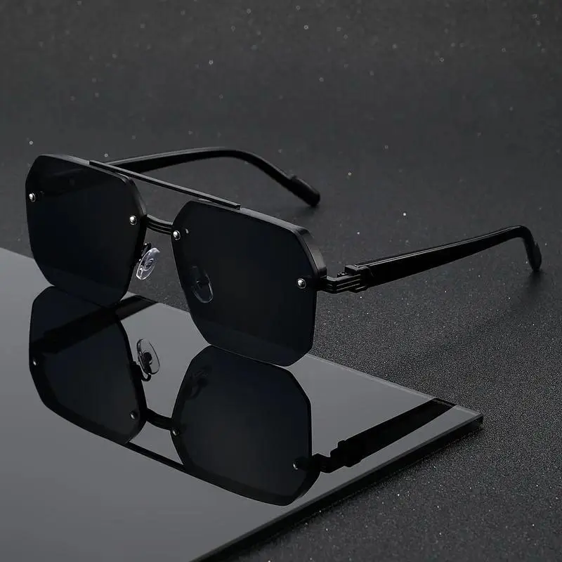 Polygon Aviator Sunglasses for Women & Men, Rimless Metal Double Bridge Frame with Stylish Glare-Reducing UV400 Lenses for Daily Wear, Womens Sunglasses, Stylish Accessories, Glare-Reducing Daily Wear, All Black Men's Sunglasses