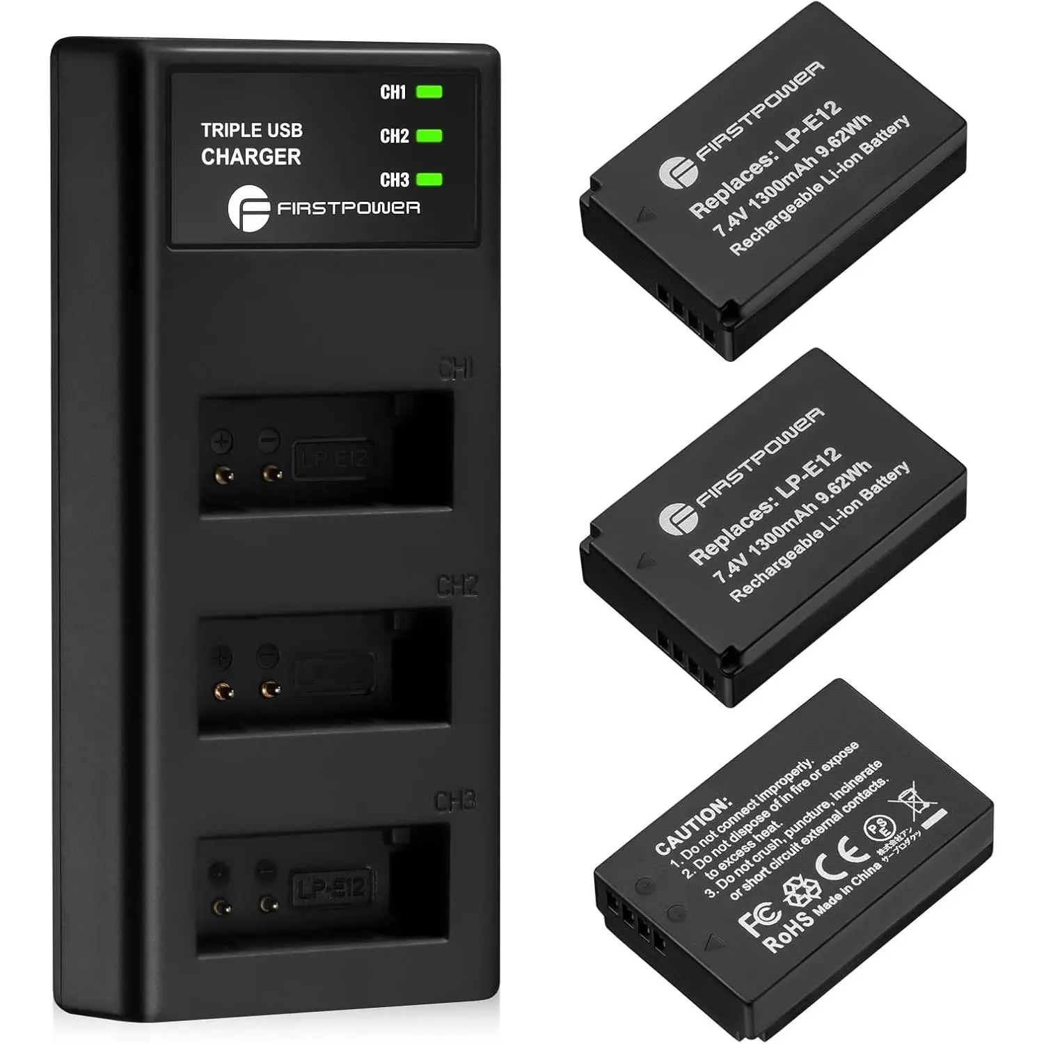 FirstPower LP-E12 Camera Battery 3-Pack & Triple Slot Charger with Cable, Protection & Charging Accessories for Canon EOS M50, M50 Mark II, M, M2, M10, M100, M200, Rebel SL1, PowerShot SX70 HS