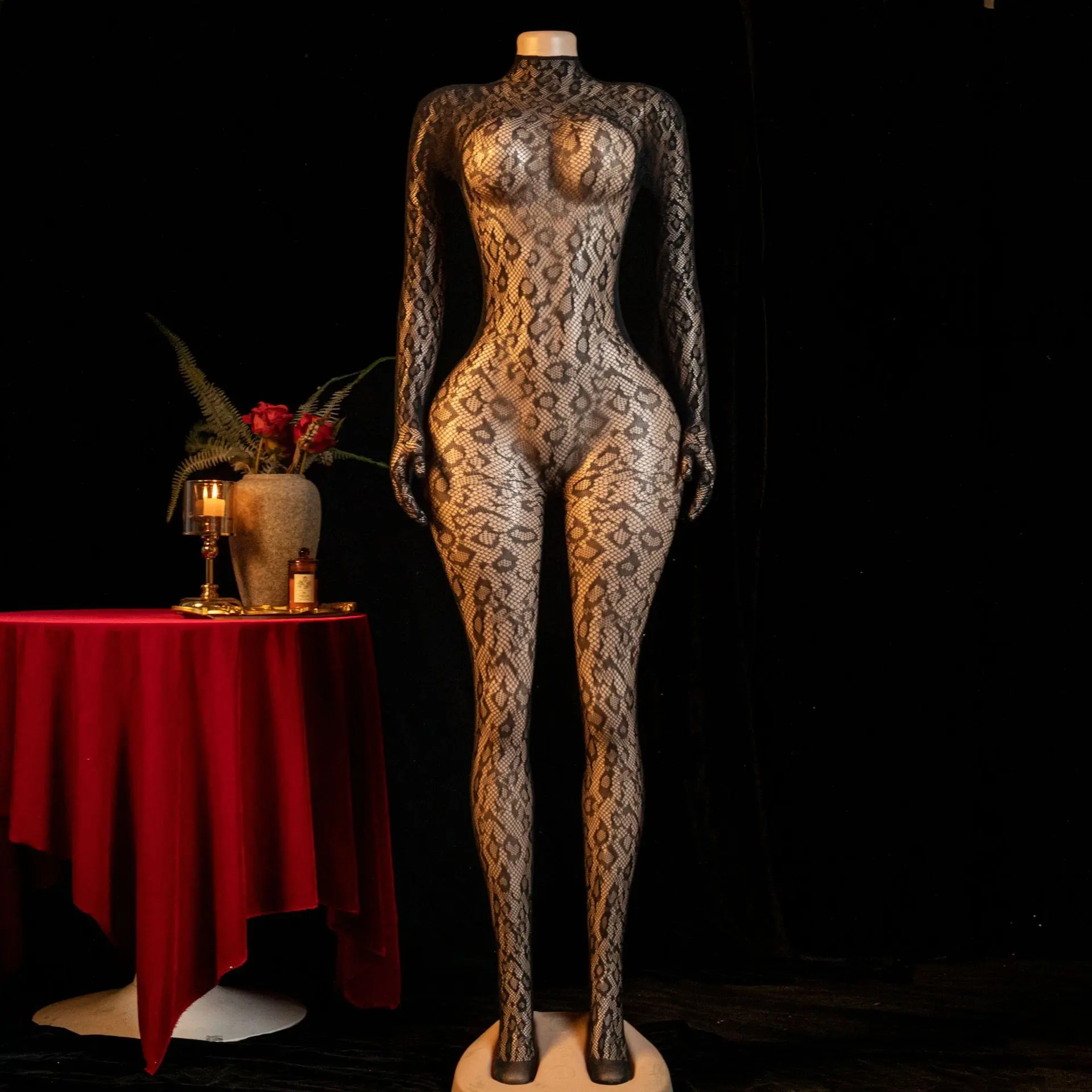 Women's Slim-Fit Leopard Print Mesh Bodysuit - Sleeveless Round Neck Nylon Fabric Lingerie with Sheer Floral Fishnet, Lace Garter for Christmas Private Party, Clubbing Clothes, Womens Gifts, Fashion, Style, Accessories, Lady, Statement, vintage versatile,