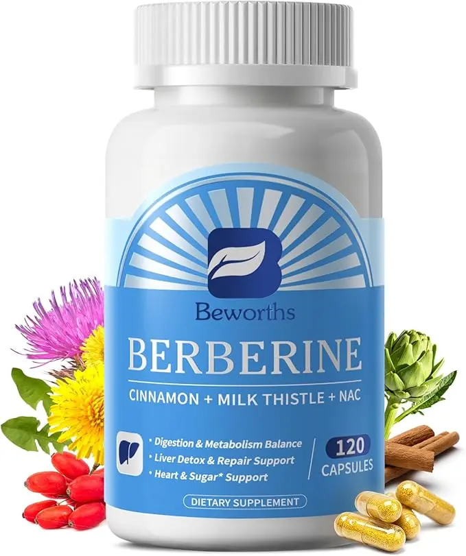 B Beworths Berberine HCL Supplement with Ceylon Cinnamon, NAC, Milk Thistle, Turmeric & Choline, Liposomal Formula, 120 Capsules, 60 Day Supply