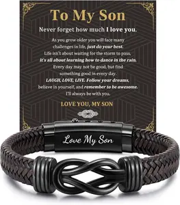 Personalized Men's Brown Braided Leather Infinity Knot Bracelet Engraved Love Massage for Son Man Husband Boyfriend Birthday Christmas