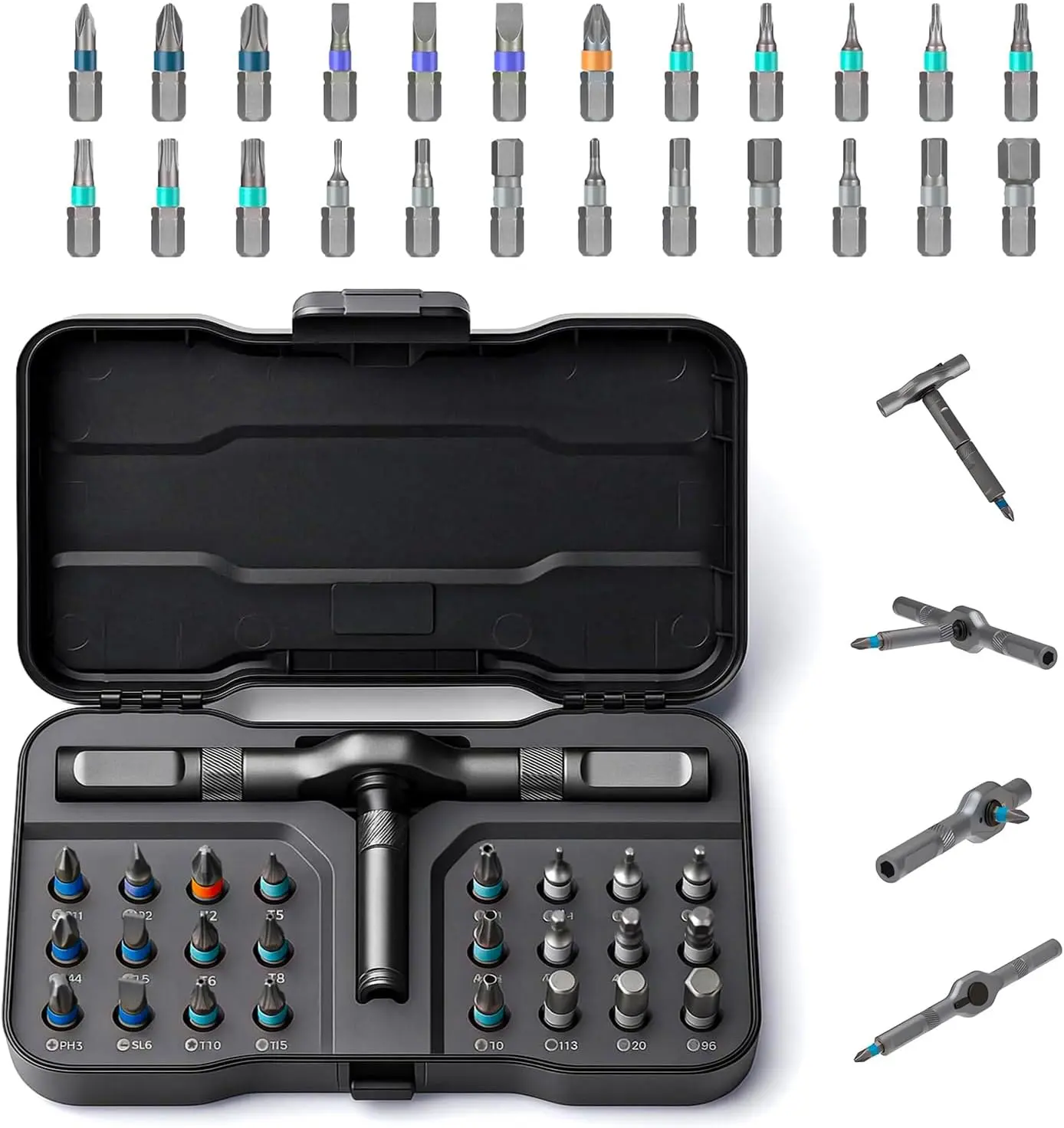 24-in-1 DIY Ratchet Set with Detachable Handle (Doubles as Wrench), 58-Gear System, 6.2° Swing Angle, Tips and Holder Design, Detachable Extension Rod, Adjustable Working Distances, Portable Compact Tool Kit for Laptop Repair, Furniture Fixes, Synthetic