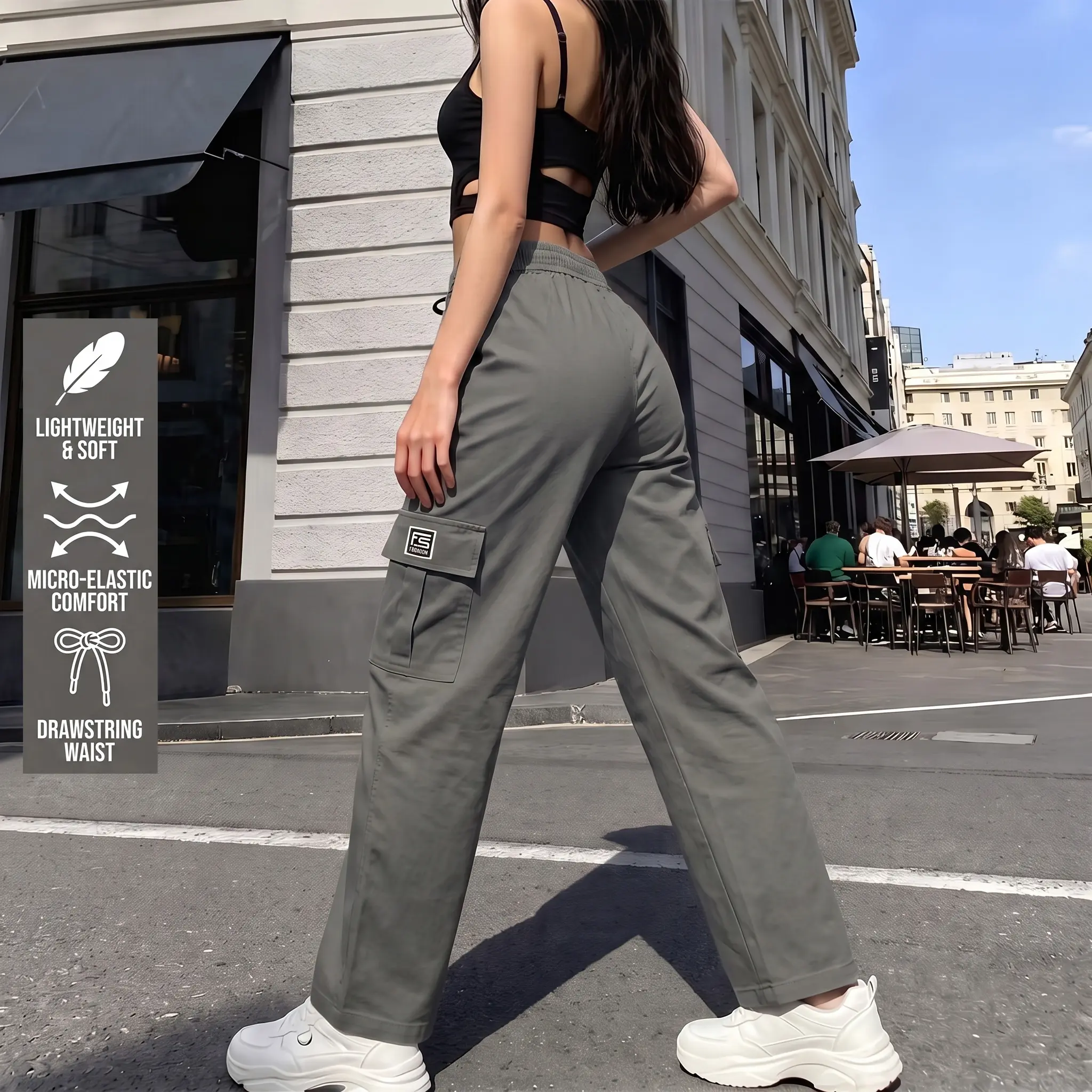 Women's Basic Solid Stretchy Cargo Pants - Casual Lightweight Bottoms with Drawstring Waist and Multiple Pockets, All Seasons, Lady, Casual Fit Pants, Polyester, 4-Way Stretch Pants, Cargo Trousers