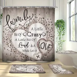 1/4pcs Retro Valentine's Day Inspirational Quote Themed Shower Curtain Set, Bathroom Decoration Accessories, includes non-slip mat, U-shaped rug, and toilet seat cover. Perfect for bathroom decoration. Comes with 12 shower curtain hooks