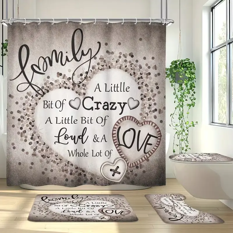 1/4pcs Retro Valentine's Day Inspirational Quote Themed Shower Curtain Set, Bathroom Decoration Accessories, includes non-slip mat, U-shaped rug, and toilet seat cover. Perfect for bathroom decoration. Comes with 12 shower curtain hooks