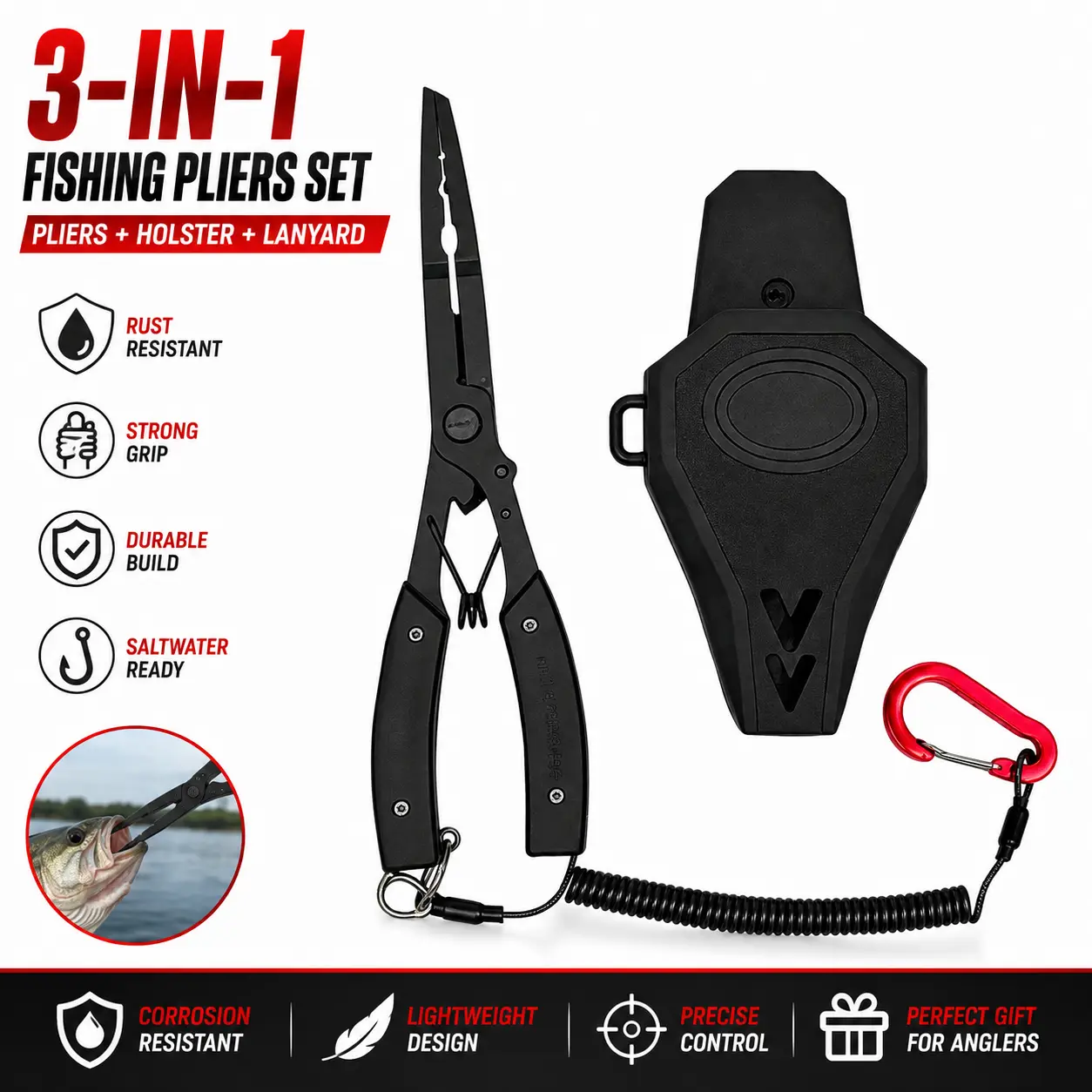 Heavy-Duty Fishing Pliers, 21cm Anti-Rust Steel Hook Remover with Line Cutter, Split Ring Opener, Lead Crimper, Safety Lanyard & Protective Sheath for Freshwater & Saltwater Fishing