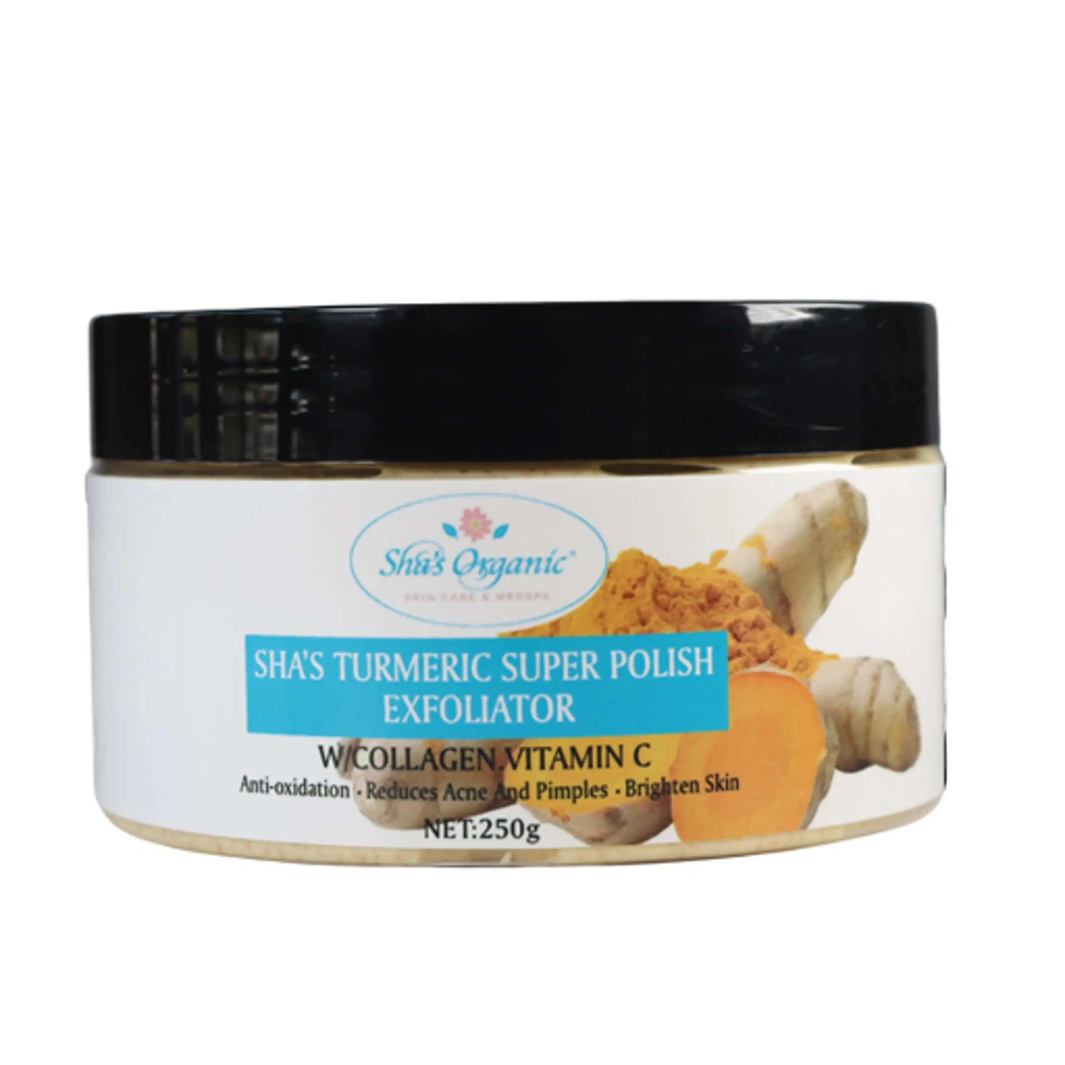 Sha's Organic Turmeric Super Polish Exfoliator - 250g with Ginger & Lemon, Natural Body Care for Brightens Skin, Moisturizing Exfoliating Silky Formula