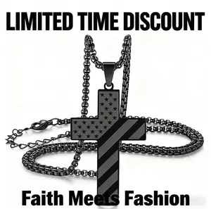 Stainless Steel Men’s Cross Necklace - Bible Verse Pendant, American Flag Pendant, Faith Meets Fashion, Bold Patriotic Long Daily Jewelry Gift Chain for Him
