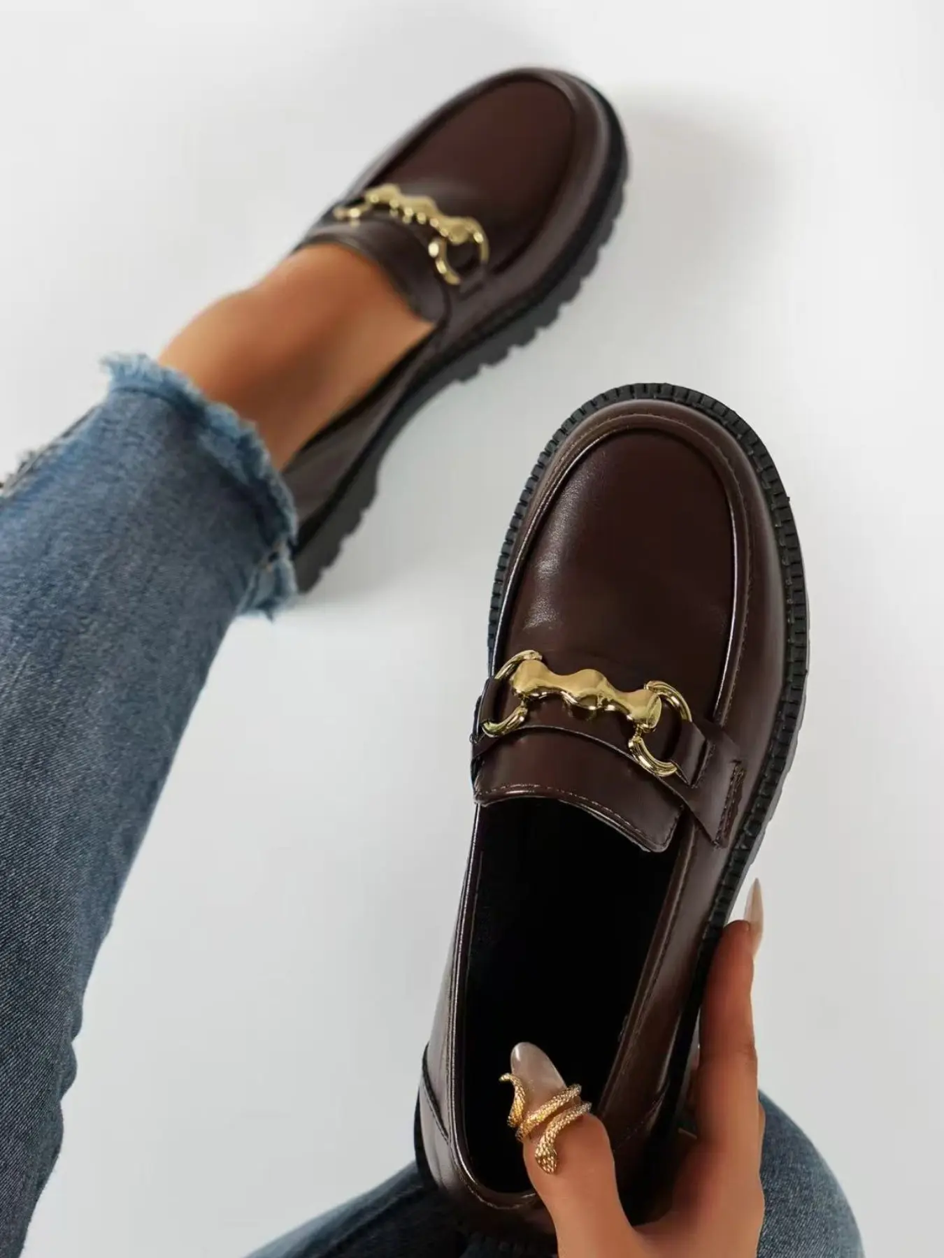 Women's Elegant Thick-Sole Loafer, Slip-On PU Leather Chunky Heel, Slimming Design, Fall/Winter British Classic Style