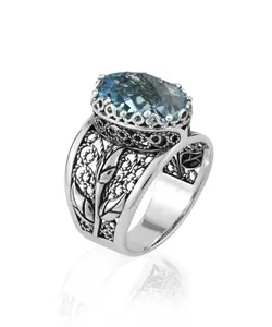 Filigree Art Blue Topaz Gemstone Tulip Detailed Silver Women Statement Ring
