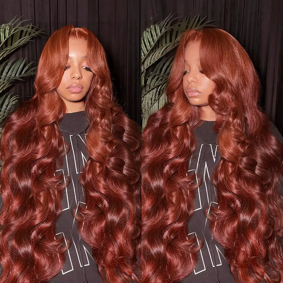 Itoday Hair 13x6 Reddish Brown Body Wave Lace Front Human Hair Wig Pre Plucked Auburn Color Wig For Women 180% Density 13x6 HD Bone Straight Lace Frontal Wigs