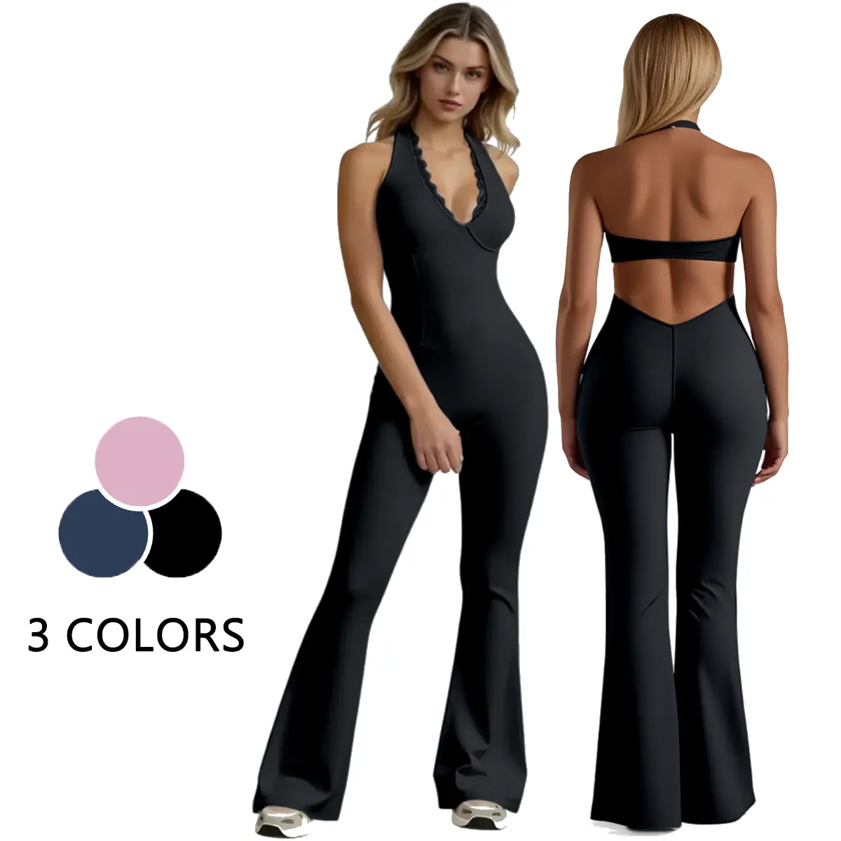 Women's Halter Backless Scrunch Butt Flare Leg Workout Jumpsuit - Sleeveless Bodycon Yoga Unitard for Gym & Daily Wear