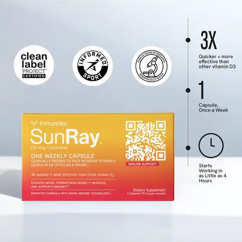 Immunotec SunRay Fast-Acting Calcifediol Vitamin D 75mcg Once-Weekly Dietary Capsules - 4 Capsules, Clinically Tested, Highly Bioavailable Natural Supplements, Prop 65 Safe, Allergy & Immune Support Vitamins Supplements, Bone Health, Energy, All Ages Bone