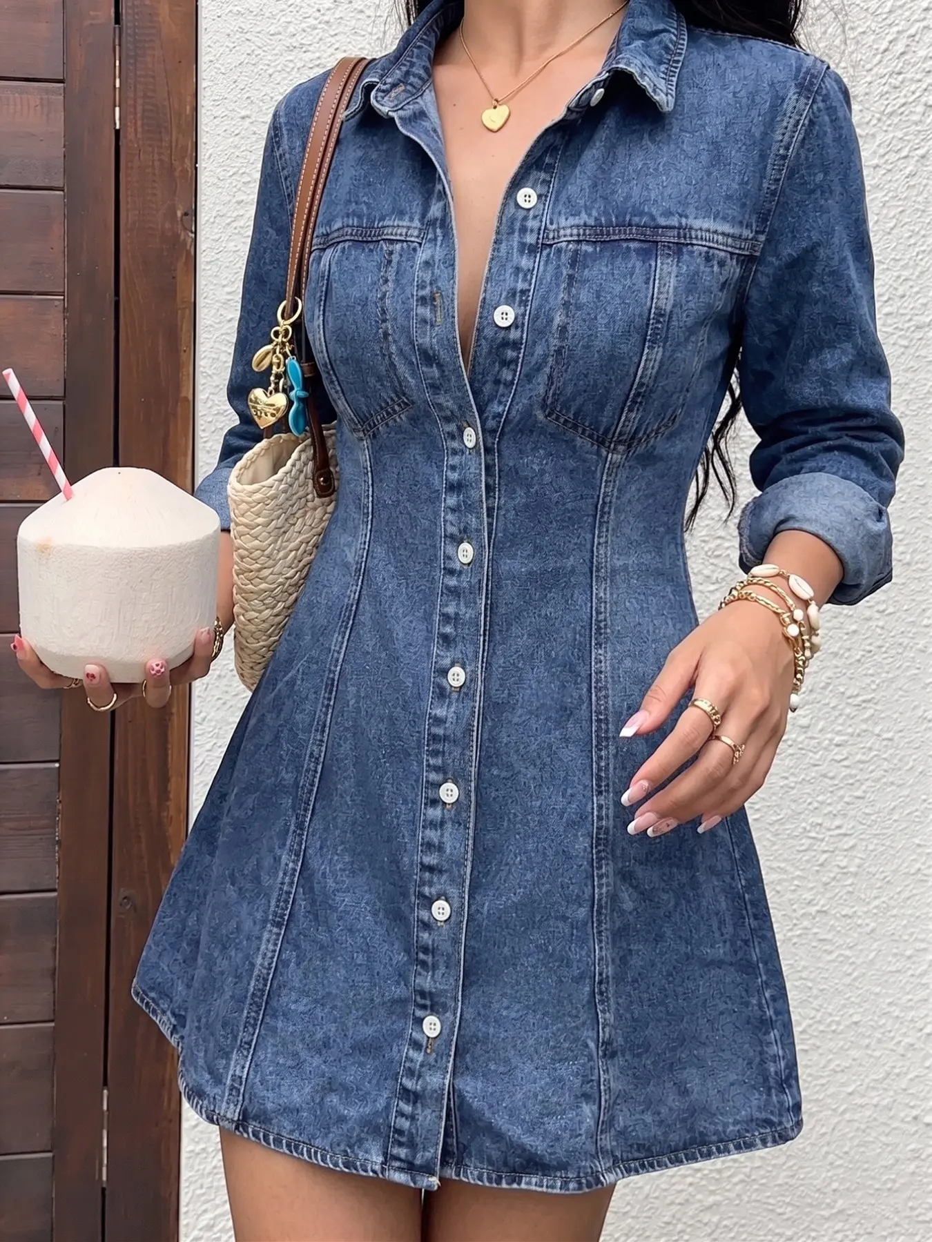 Women's 1 Piece Button Down Collared Denim Shirt Dress, Button Up Dress, Long Sleeve A-Line Mini Dress, Casual Summer Y2K Streetwear for Daily Wear, Beach, Party