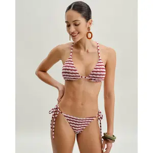 Rihoas Women's Red Striped Criss Cross Backless Triangle Bikini Set - Polyester Blend Bow Drawstring Swimsuit for Beach, Criss Cross Bikini, Drawstring Bikini Set