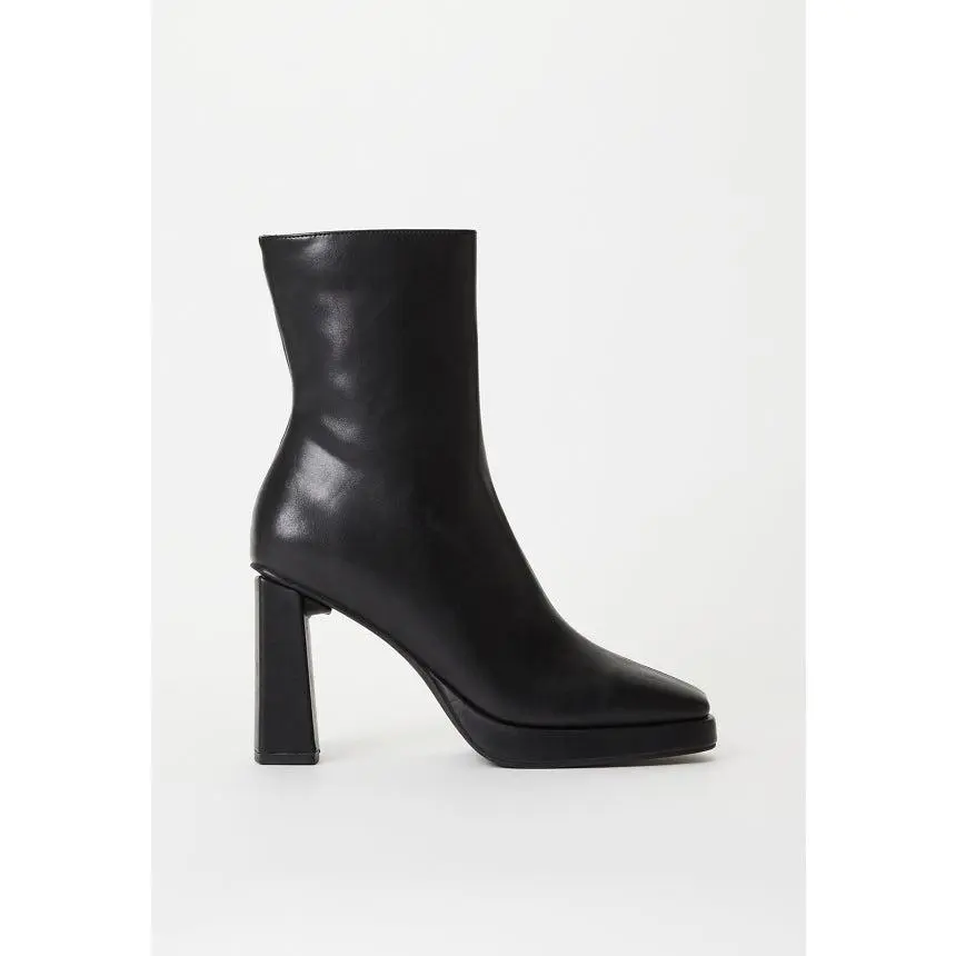 JUSTFAB  Women's Square Toe Platform High Chunky Block Heel Y2K Ankle Flared Leather Boots Girl Inner Side Zipper for Easy Wear Fall Autumn Winter Classic Comfortable Walking Shoes Footwear
