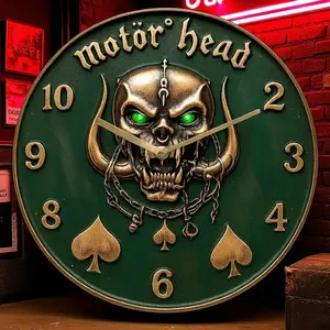 8” Round Acrylic Wall Clock - Silent, Lightweight, Motor Head Skull Print, Gothic Rock Punk Home Decor, Battery-Operated Wall Clock for Halloween Gifting to Home Supplies Enthusiasts, Clock Wall Clocks