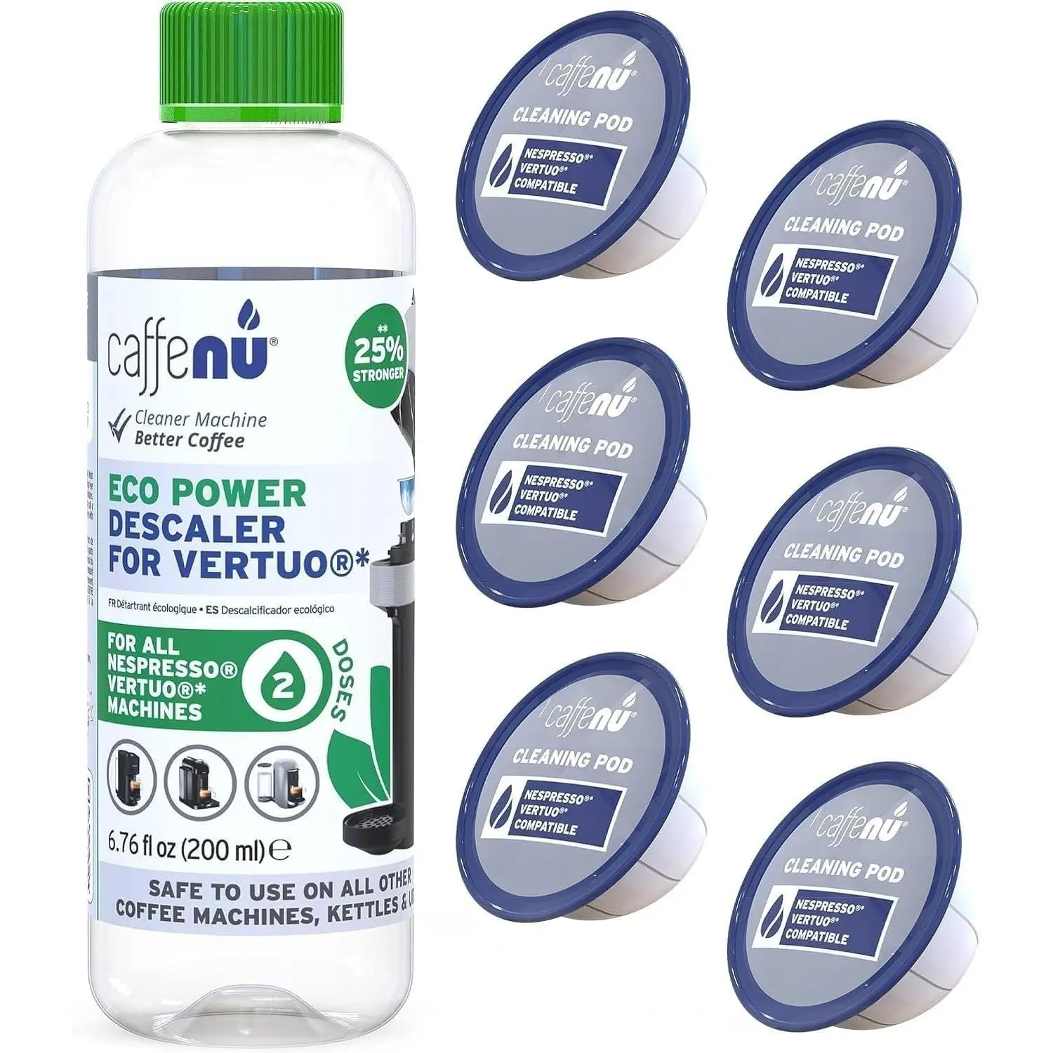 Nespresso Compatible Descaling Kit. 2 Uses Nespresso Vertuo Descaling Solution and 6 Cleaner Pods. Removes Limescale & Cleans Pod Area. Better Tasting & Hotter Coffee. 4 Months Supply.