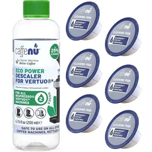 Nespresso Compatible Descaling Kit. 2 Uses Nespresso Vertuo Descaling Solution and 6 Cleaner Pods. Removes Limescale & Cleans Pod Area. Better Tasting & Hotter Coffee. 4 Months Supply.