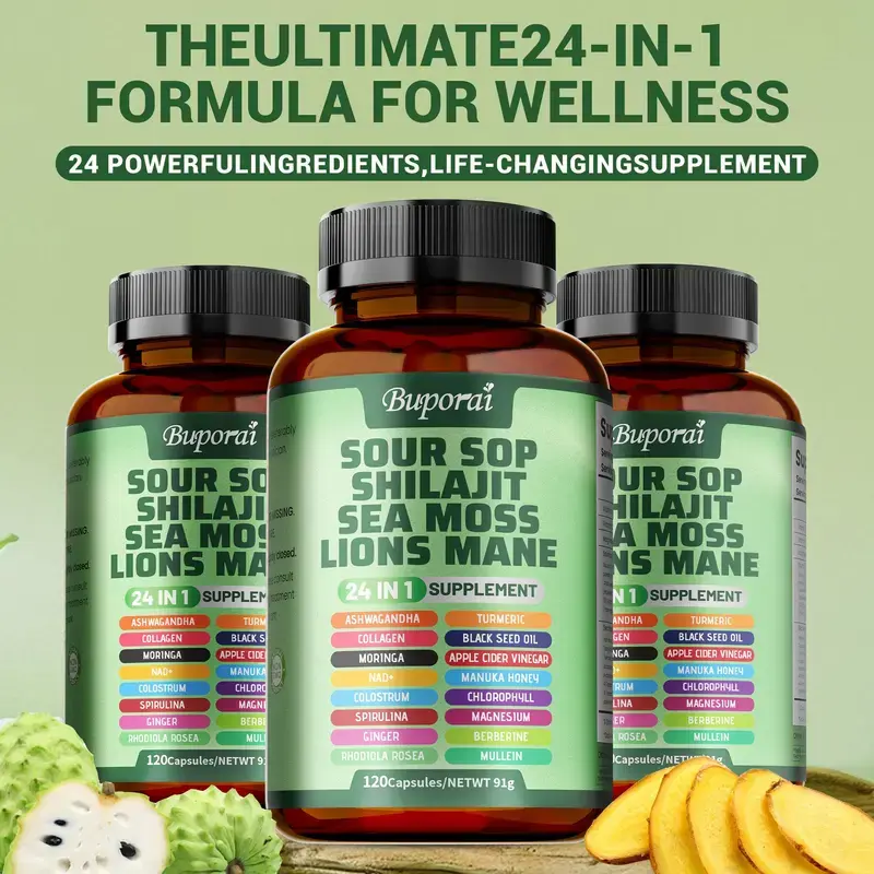 Buporai 24-in-1 Dietary Supplement, 120 capsules, is rich in antioxidants and contains extracts of high-quality ingredients such as soursop, shilajiri, seaweed, and lion's mane mushroom.
