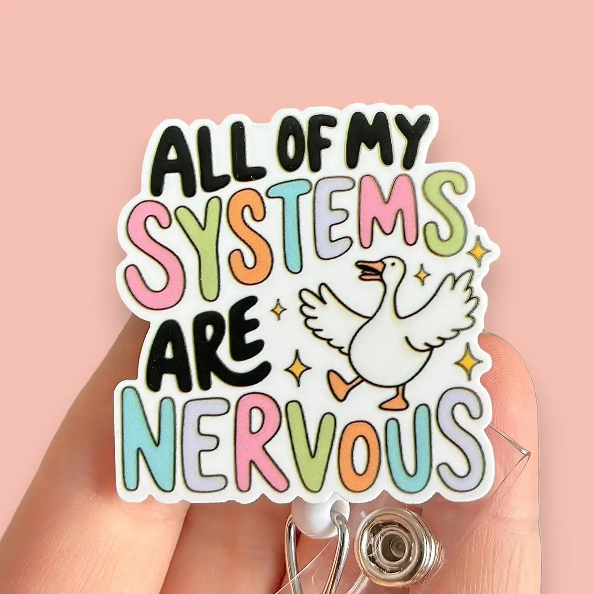Glitter My Badge Silly goose all my systems are nervous badge reel for nurse and hospital workers. Badge clip Badge pull - Retractable swivel clip with a 360 rotation. Great gift for coworker.