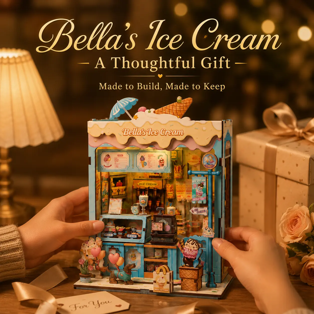 CUTEBEE Bella's Ice Cream DIY Book Nook Building Block Model Kit with LED Lights - Collectible Construction Set, Cute Room Decor, Screen-Free Kids' Gift
