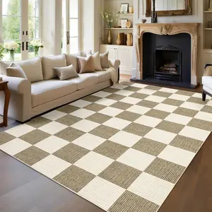 Modern Plaid Print Rug Neutral Geometric Area Rug with Non-slip Backing for Bedroom Living Room Farmhouse Office Apartment