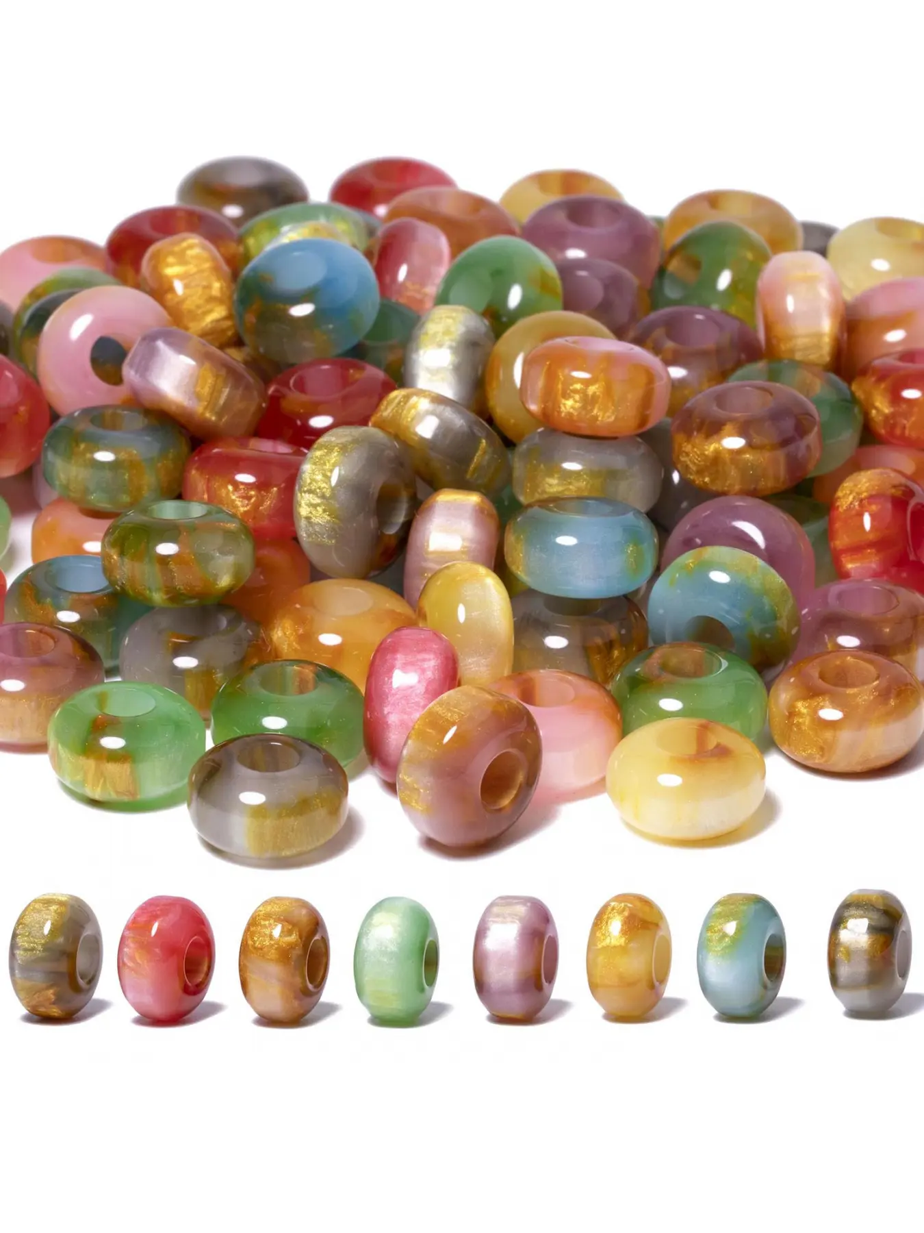 50pcs 6x10mm Mixed Color Rondelle Resin Beads with Large Hole, Loose Spacer Beads for Jewelry Making, Craft Supplies for Bracelets, Necklaces & Earring