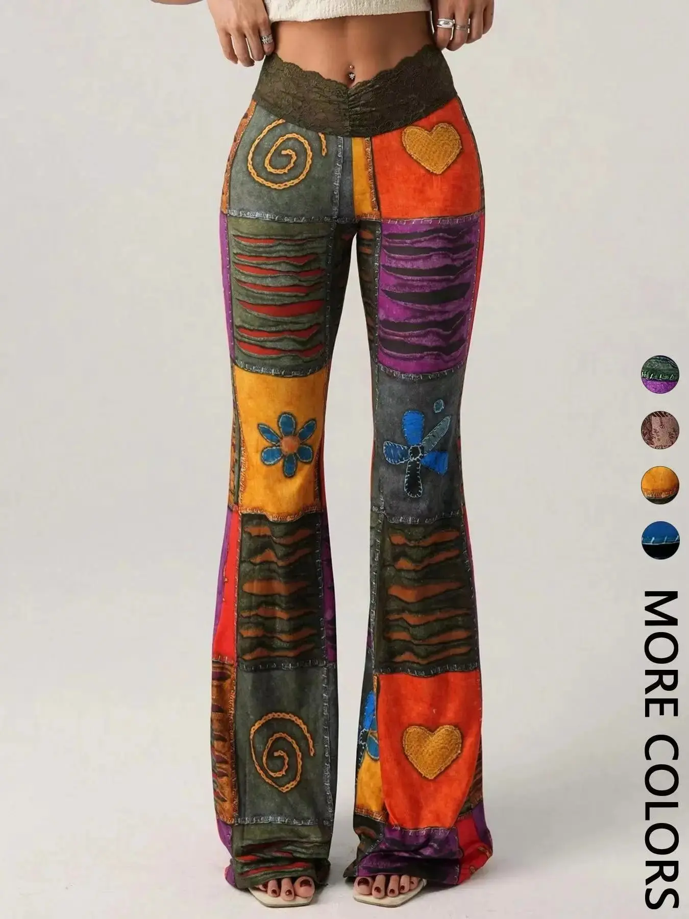 1 Pair Vintage Bohemian Flare Pants, Boho Artistic Patchwork Print, Hearts Pattern and High-Waist Design, Soft Knit Womenswear for Music Festivals & Summer Days