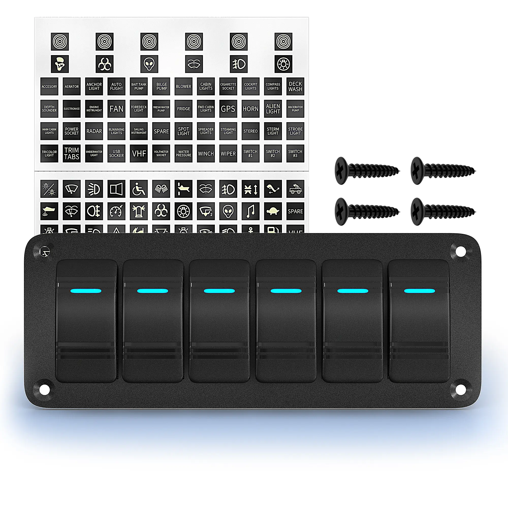 Eunik 6-Gang Rocker Switch Panel, 12V Waterproof ABS-PC Aluminum Pre-Wired Panel with Energy-Efficient Blue LED Lights, Fire-Resistant, Glow-in-the-Dark Sticker Labels for Boat, Marine & Automotive Vehicles