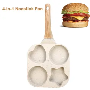 Non-Stick 4-Hole Star Egg Pan Cookware with Wooden Handle for Eggs Omelets Toast Pancakes Crepes Sandwiches Easy Clean Birthday Gift Beige Star-Shaped Pot Nonstick Surfaces