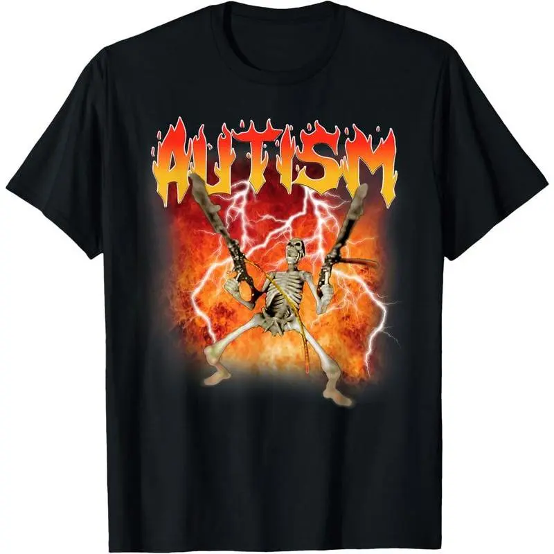 Men's 100% Cotton Distressed Shortsleeve Casual Tee - Playful Meme Autism Skeleton Print Clothes, Menswear Streetwear Vintage