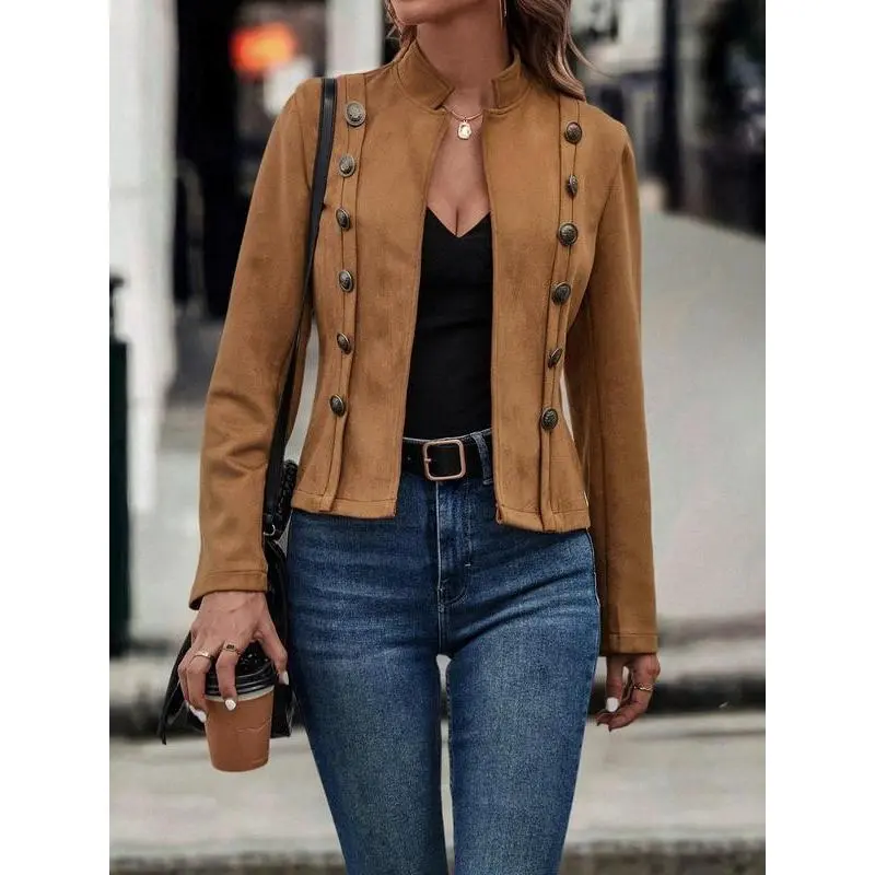 Women's Solid Color Double Button Suede Jacket, Casual Long Sleeve Stand Collar Outerwear for Fall & Winter, Ladies Clothes for Daily Wear
