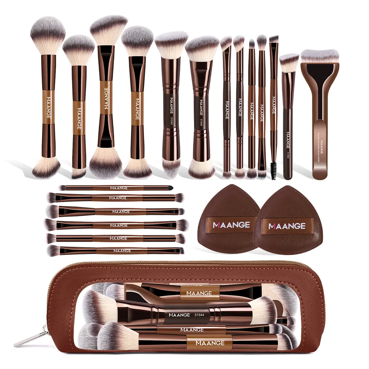 MAANGE 19-Piece Professional Makeup Brushes Set with 2 Powder Puffs & Brown Storage Bag - Beginner-Friendly Multi-Use Tools for Foundation, Blending, Contour, 19 Pcs Brushes + 2 Puffs + Storage Bag - Brown, Complexion Brush Set, Foundation/Contour