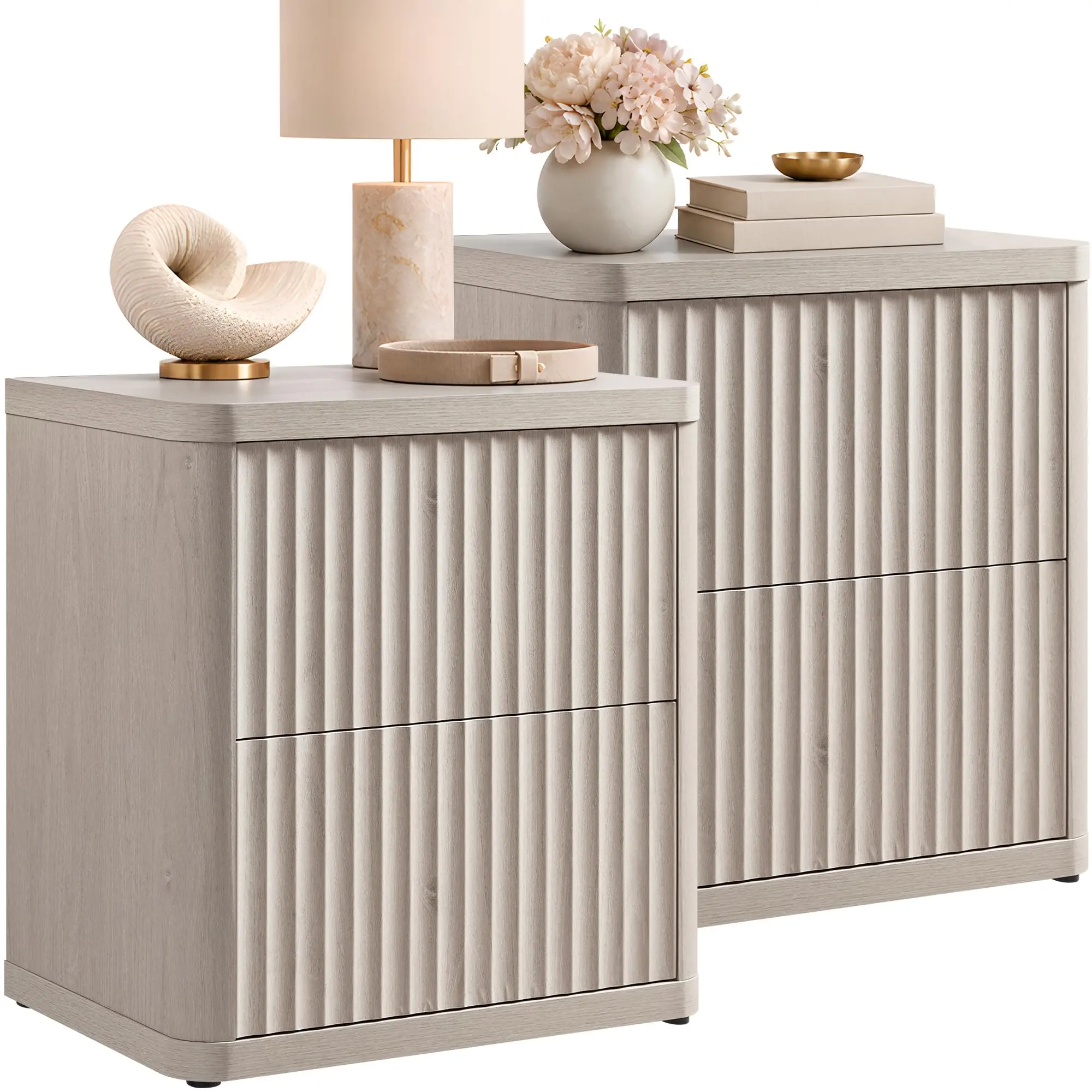 SICOTAS Set of 2 Wood Nightstands - 22.75" Wide Contemporary End Tables, Fluted Modern Bedside Table Cabinets with 2 Large Handleless Drawers, Curved Edges for Bedroom Small Spaces Furniture, Bedside Table Cabinet