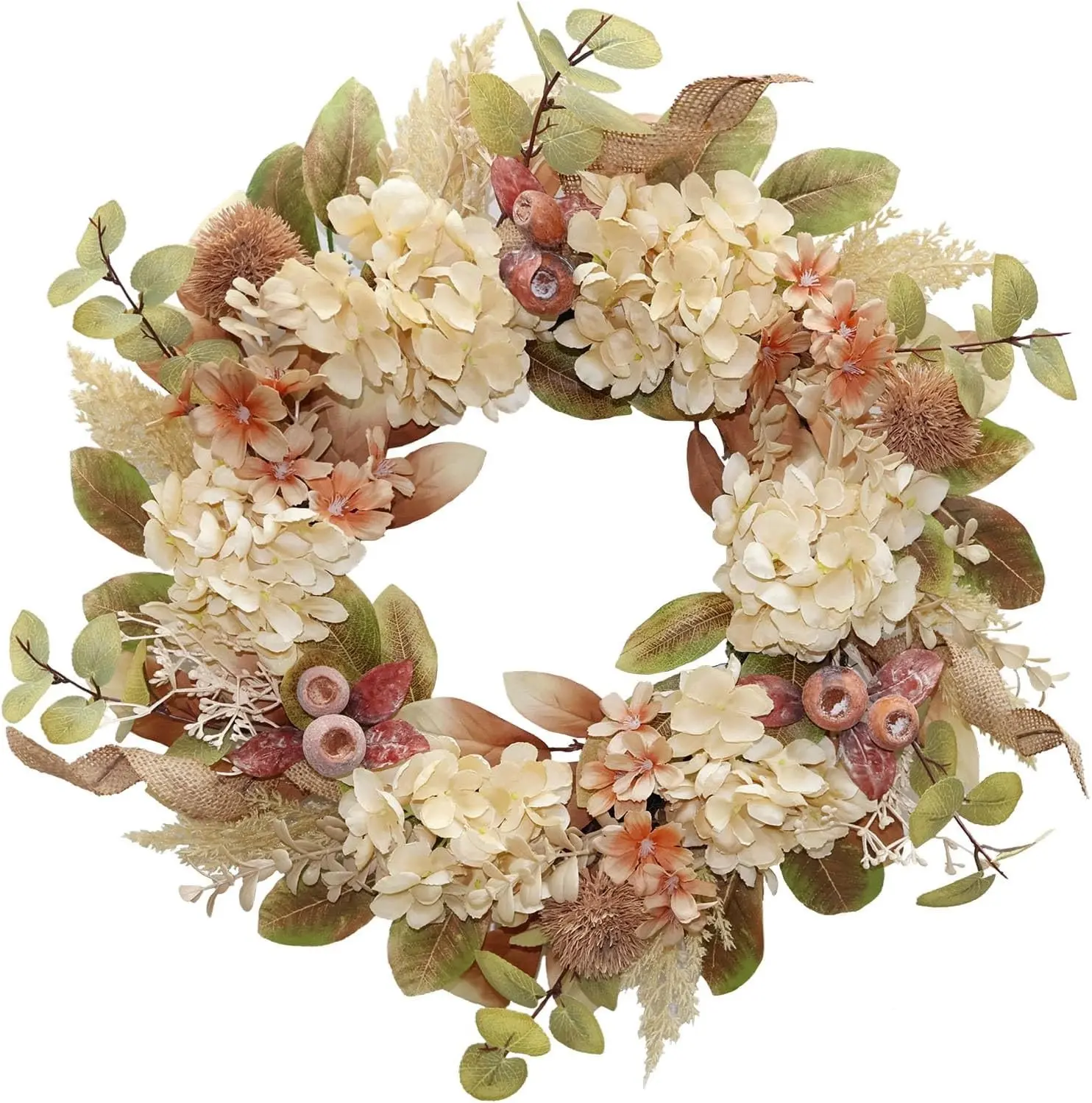 18-Inch Lush Fall Front Door Wreath, Boho Brown Outdoor Wreath with Faux Dried Hydrangea, Pampas, Burlap & Flowers, Farmhouse Fall Thanksgiving Harvest Décor for Wall, Home Supplies Storage Box Complement