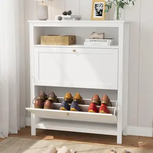 VOWNER Shoe Cabinet with 2 Flip Drawers, Shoe Storage Organizer with Open Storage Space & Adjustable Shelves, Narrow Shoe Rack Cabinet for Entryway, Hallway, Living Room, White