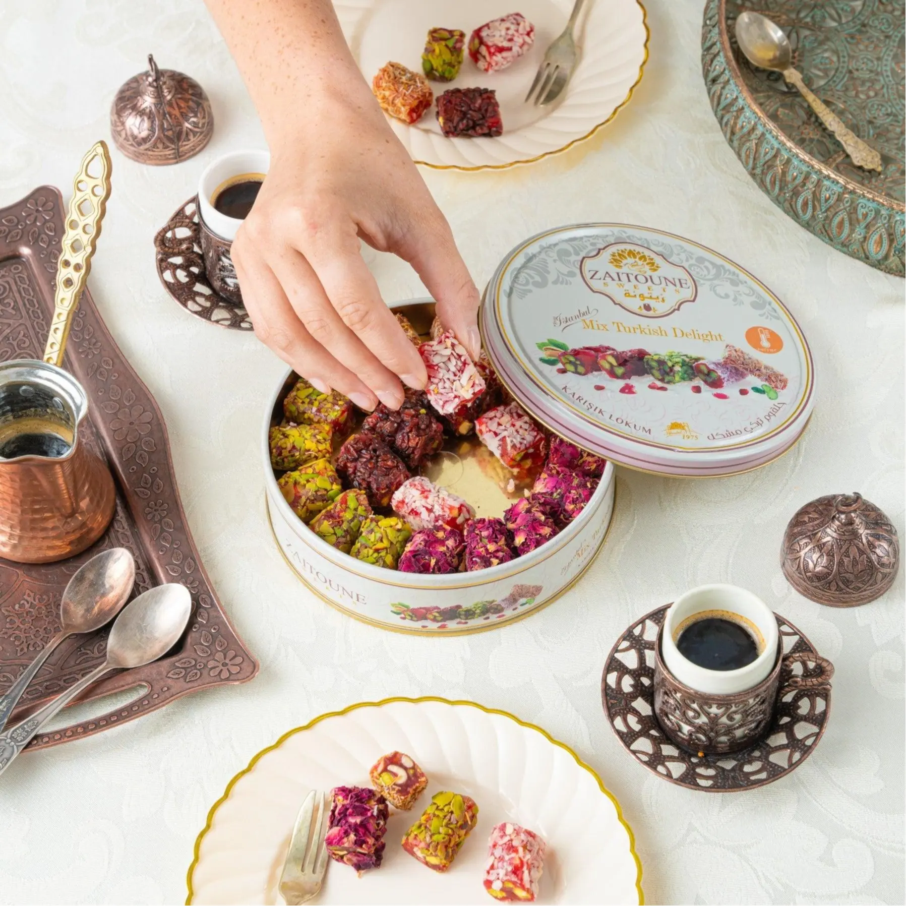 Zaitoune Turkish Delight Lokum - 250g, 3 Flavors (Pistachio, Rose, Mixed Fruit) - Authentic Middle Eastern Sweets Snacks, Handmade Chewy Candy with Nuts from Turkey