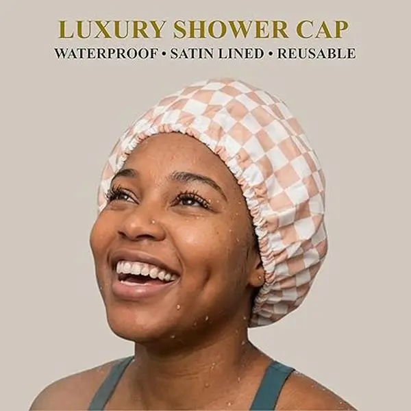 Luxury Satin-Lined Flexi Shower Caps for Women Reusable Waterproof - Large Wide Shower Cap for Women & Men, Adjustable, Stylish Hair Cap for Showers, For Long & Short Hair - Terracotta Checker
