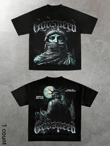 Gothic Font Godspeed Print Long Sleeve Top, Casual Fitted Design, Dark American Culture Aesthetic, Unisex Trendy Clothing