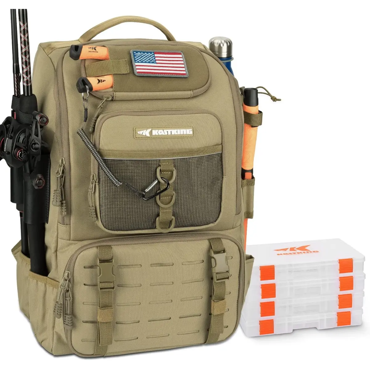 KastKing KarryAll Unisex Practical Oxford Fabric Fishing Tackle Backpack with Rod Holder, 4 Tackle Boxes, 40/26L Capacity, Adjustable Straps for Fishing Gear & Equipment Storage