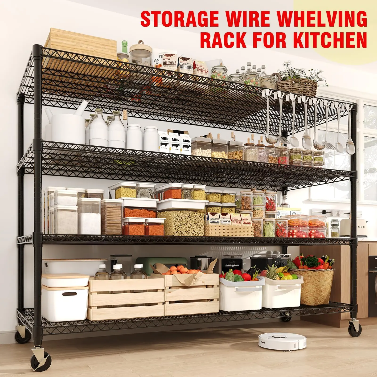 Garvee Heavy-Duty 4-Tier Wire Shelving Unit with Wheels, Adjustable Metal Storage Rack, 2640 lb Capacity for Garage/Pantry/Workshop/Warehouse
