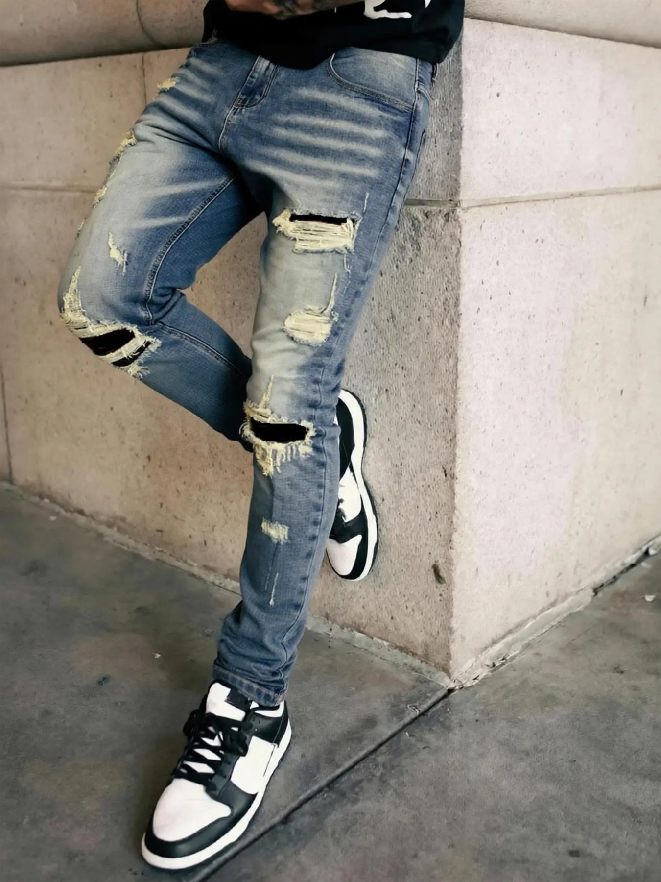 Men's Deep Blue Slim Fit Elastic Denim Jeans, Casual Jean, Knee Patched Design, Vintage Wash, Street Style, All Seasons, Zipper Fly, Natural Waist, Pants, Streetwear, Hole, Ripped Distressed Jeans