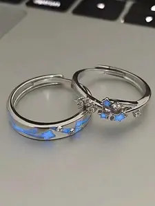 Blue Night Glow Promise Ring Set, Couple Matching Meteor Shower Rings, Glowing Wedding Anniversary Christmas Gift for Him Her