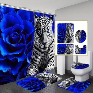 HOT 4pcs Blue Floral and Leopard Pattern Shower Curtain Set - Water-Repellent  Mildew-Resistant  Easy-to-Clean Modern Home Bathroom Decoration with 12 Shower Curtain Hooks and 3-Piece Toilet Floor Mat Set