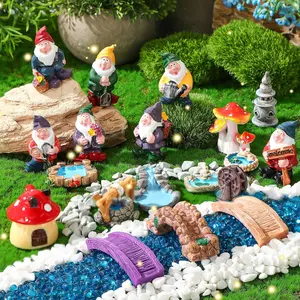 19 Pcs Gnome Garden Accessories Tiny Fairy Gnome Figurines Miniature Bridge Mushroom Lighthouse Water Well Pond Resin Garden Decorations for Craft