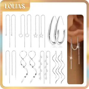 LOLIAS Threader Earrings for Women 14K Gold Silver Plated Dangle Thread Earrings Dainty Spiral Twisted Wave Ball Tassel Chain Earrings Long Surgical Steel Pull Through Earrings for Women Lightweight