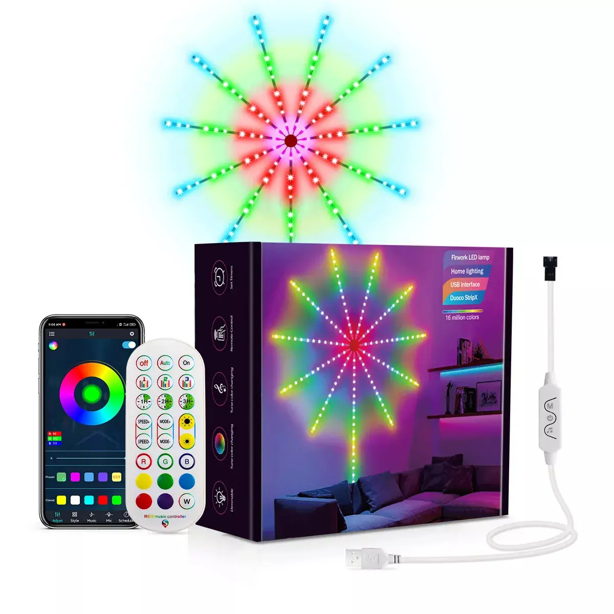 156LED Dream Color RGB LED Lights, Smart Firework Strip Lights with APP/Remote Control, Smoke Effect Simulated Tree for Home Decor, Decorative Lights, Ambient Night Light